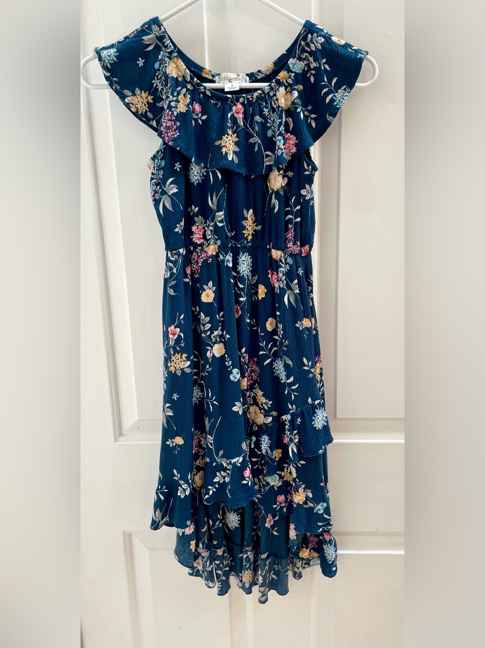 Knitworks kids size 8 Navy Floral Ruffle Tiered Dress